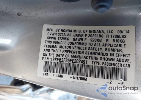 2015 Honda Civic Ex from USA, damaged, VIN 19XFB2F85FE202491